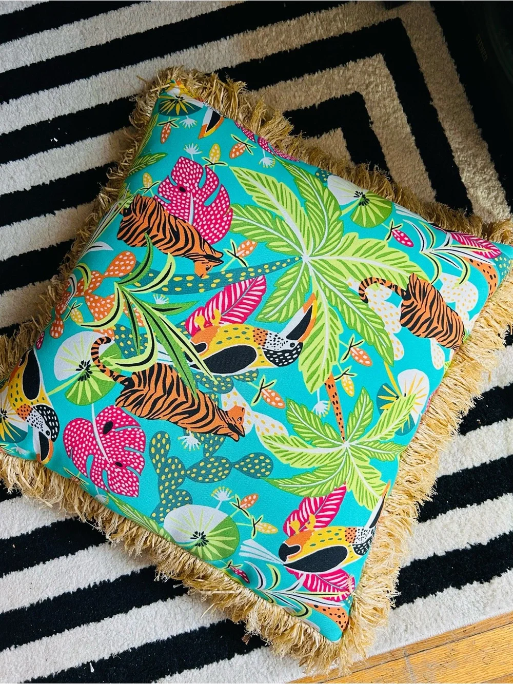 Oversized Statement Raffia Fringe Pillow Tropical Safari Print‎ 20”